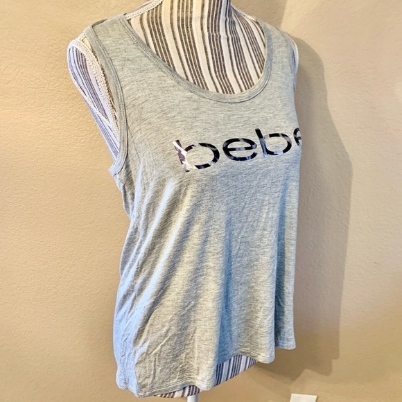 NWT Bebe Top Medium Grey Sleeveless Bebe Logo Mesh Stripe Design Rayon Spandex - Picture 4 of 13